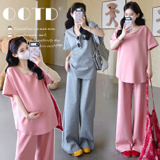 实拍  现夏季纯色宽松上衣+阔腿裤孕妇两件套