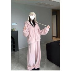 批发孕妇秋冬套装女慵懒风连帽拉链外套阔腿长裤宽松加厚居家两件套