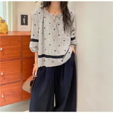 批发韩系系带圆领撞色格子刺绣灯笼袖<b class='q'>七分袖</b>套头休闲衬衫A字娃娃衫潮