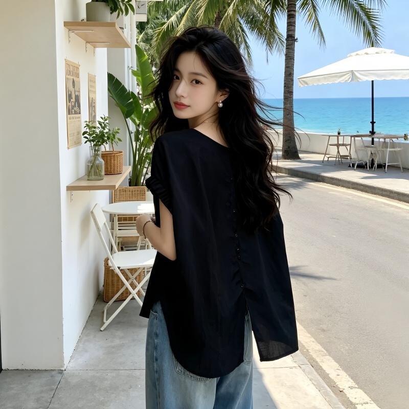 빅 사이즈 디자인 센스 뒤로 트임 검정색 반팔 여성 셔츠 여름 지방 mm 루즈핏 슬림해 보이는 아름다운 작은 셔츠 맨위
