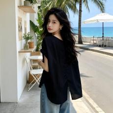 批发大码<b class='q'>设计</b>感后背开叉黑色短袖衬衫女夏季胖mm宽松显瘦绝美小衫上衣