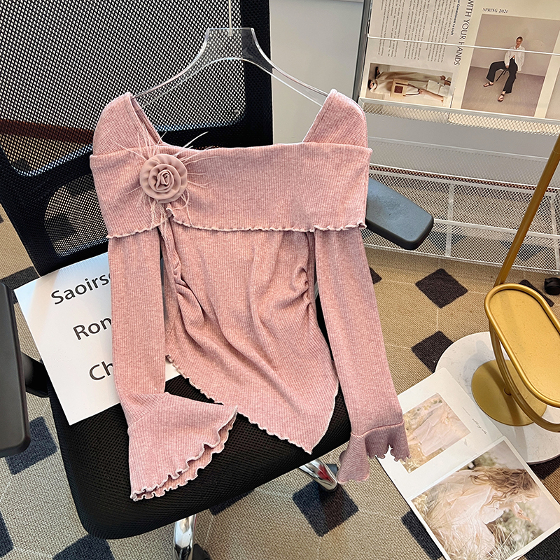 MY14068# 新款修身喇叭袖方领立体花朵荷叶边针织衫上衣女裝貨源服裝批...