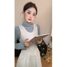 批发冬季新款气质时尚立领加绒打底衫+呢子<b class='q'>背心连衣裙</b>两件套