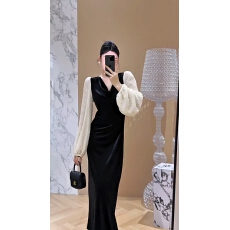 批发春秋新款气质<b class='q'>时尚</b>荡领丝绒拼接亮片雪纺袖连衣裙