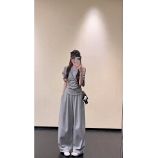 批发夏季新款<b class='q'>气质</b>时尚斜肩收腰上衣+休闲阔腿<b class='q'>裤</b><b class='q'>两件套</b>