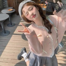 批发爱<b class='q'>蔷薇</b>大码法式蝴蝶结浅粉色毛衣女装新款小香风针织开衫