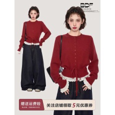 批发满分甜度~甜美花边拼接系带抽绳针织衫女早春圆领长袖毛衣