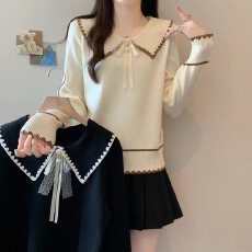 批发法式甜美娃娃领长袖针织衫女2025秋冬胖mm显瘦百搭蝴蝶结系带上衣