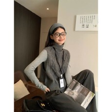 批发灰色双面穿高领针织衫背心女秋冬氛围感外搭叠穿坎肩无袖毛衣马甲