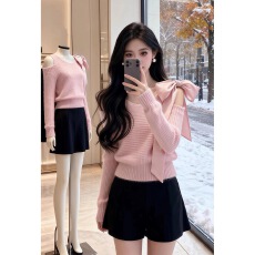 批发慵懒风针织女新款秋冬减龄穿搭上衣复古甜美蝴蝶结感蝙蝠袖毛衣