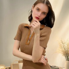 批发欧美风早秋款学院风复古半拉链拼接polo领<b class='q'>修身</b>显瘦短袖针织上衣女