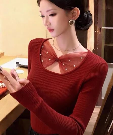 정가 한국 스타일 기본 셔츠 여성 가을 겨울 고급 센스 인사이드 가져 가라. 몸매 가꾸기 패치워크 망사 스웨터 새로운 니트 스웨터 맨위
