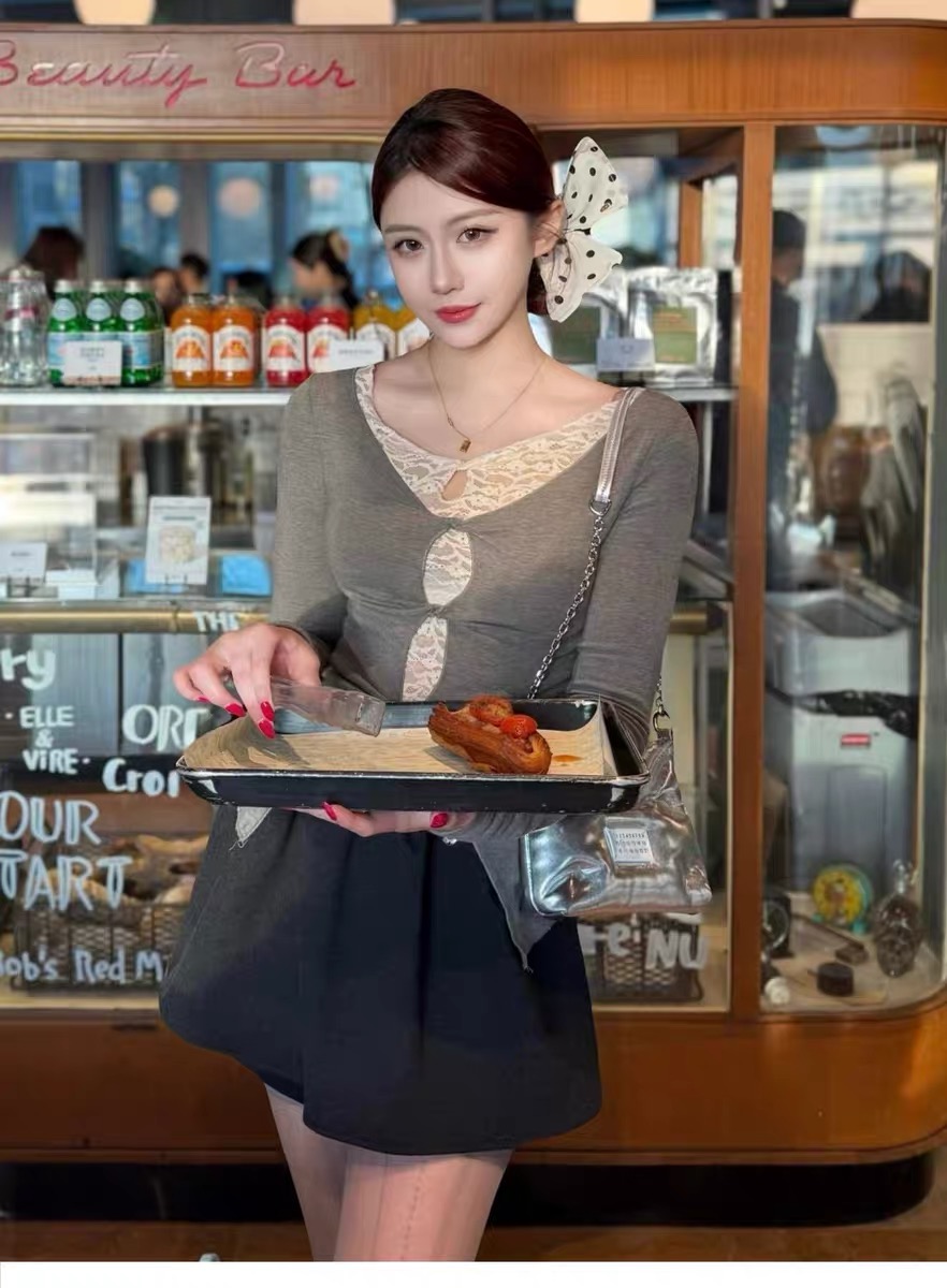 tongiiuu 루오 수 있습니다. betty 페이크 레이어드 레이스 니트 스웨터 여성 몸매 가꾸기 긴팔 티셔츠 인사이드 가져 가라. 만나는 맨위