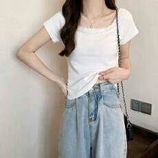 批发夏季新款纯欲风蕾丝边一字领美式风短袖<b class='q'>针织衫</b>女冰丝柔软甜美百搭