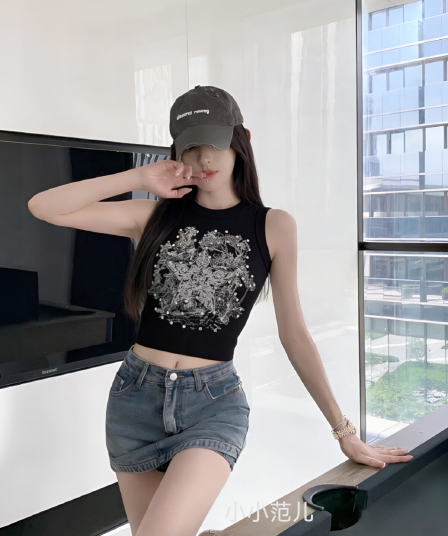 아메리칸 무거운 작업 다이아몬드 세팅 캐미솔 인사이드 가져 가라. 여름 달콤한 차가운 핫걸 외출용 운동 민소매 맨위 디자인 센스