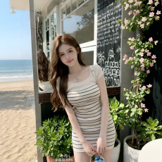 批发性感纯欲风方领修身条纹针织连衣裙女<b class='q'>秋</b>冬辣妹百搭显瘦短袖包臀裙