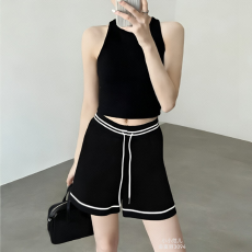 批发韩版时尚撞色条纹抽绳<b class='q'>高腰</b>显瘦针织短裤阔腿裤休闲裤<b class='q'>热裤</b>打底裤女