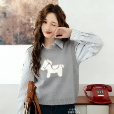 批发卡通提花小马毛衣马甲背心女春秋冬装新款叠穿百搭减龄无袖针