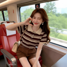 批发复古条纹polo领针织短袖t恤女夏季休闲通勤<b class='q'>宽松</b>显瘦百搭气质上衣