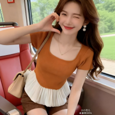 批发港味风格撞色拼接短袖<b class='q'>T</b><b class='q'>恤</b>女夏季下摆荷叶边裙摆上衣收腰显瘦小衫