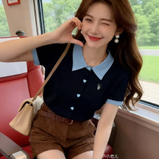 复古polo领刺绣撞色针织衫短袖t恤女夏季韩系修身显瘦设计感小众