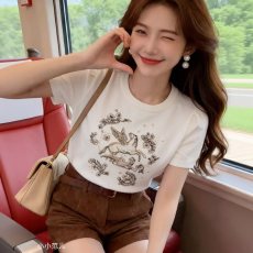 韩式休闲风印花冰丝短袖T恤女圆领修身显瘦上衣韩系气质修身型套