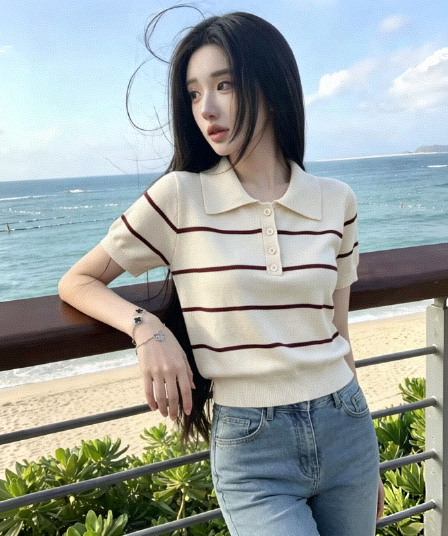 프랑스식 레트로 스트라이프 POLO 칼라 니트 반팔 티셔츠 여성 얼음 실크 캐주얼 연령 감소 통기성 반소매 기본 셔츠