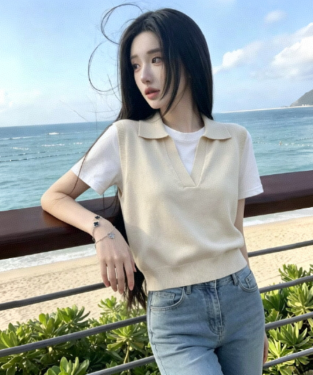 여름 얇은 스타일 얼음 실크 페이크 레이어드 V넥 여성 니트 반팔 티셔츠 여성 2026 새로운 고급 센스 POLO 셔츠 켜기