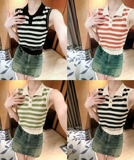 POLO 칼라 민소매 티셔츠 여성 여름 레트로 항구 바람 2026 새로운 디자인 센스 작은 대중 니트 스웨터 스트라이프 맨위
