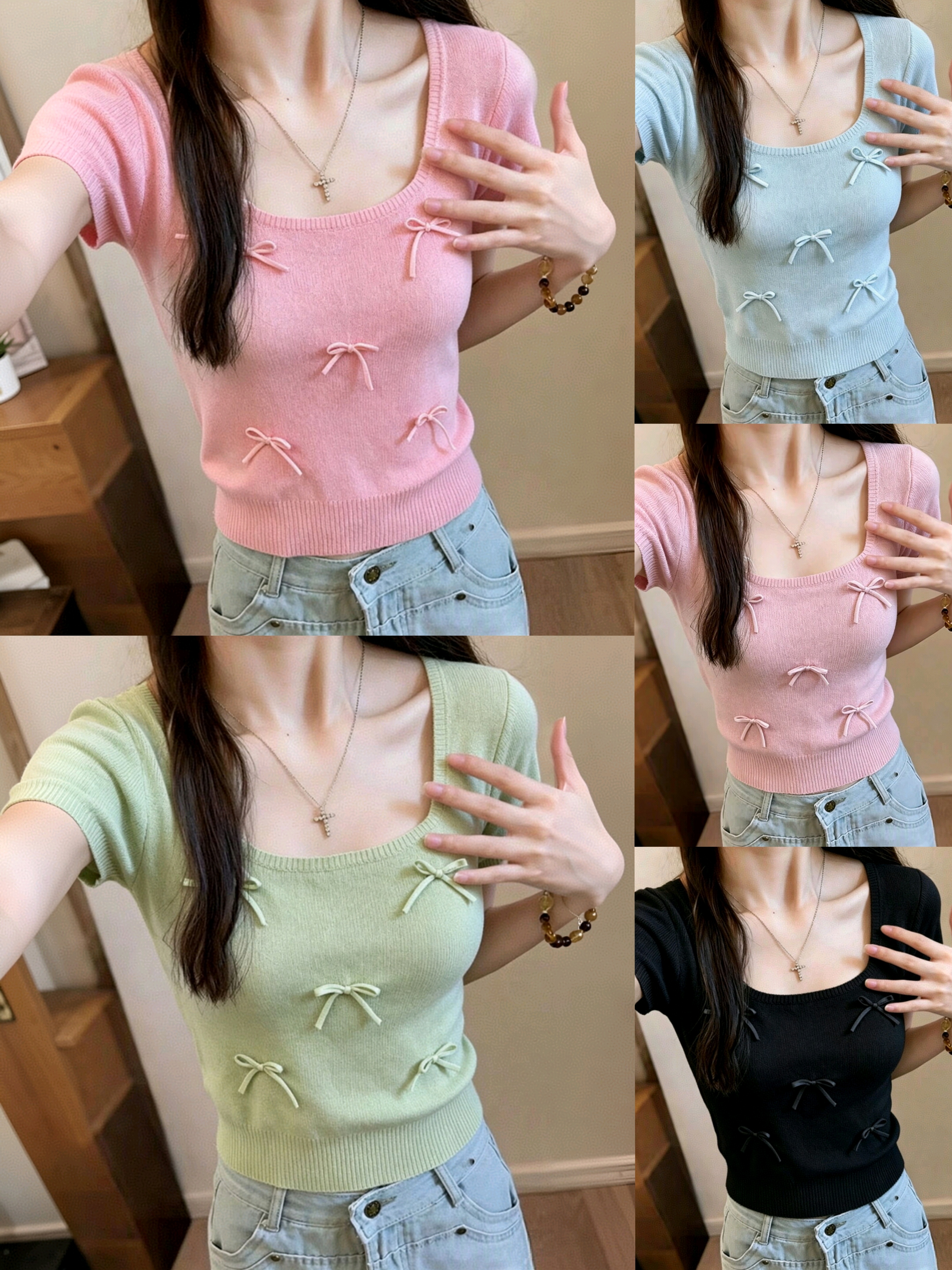 프랑스식 달콤함 3 차원 나비 매듭 광장 칼라 반팔 티셔츠 여성 여름 디자인 센스 외국 가스 패션 Chic 니트 맨위