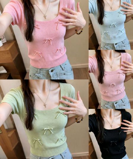 프랑스식 달콤함 3 차원 나비 매듭 광장 칼라 반팔 티셔츠 여성 여름 디자인 센스 외국 가스 패션 Chic 니트 맨위