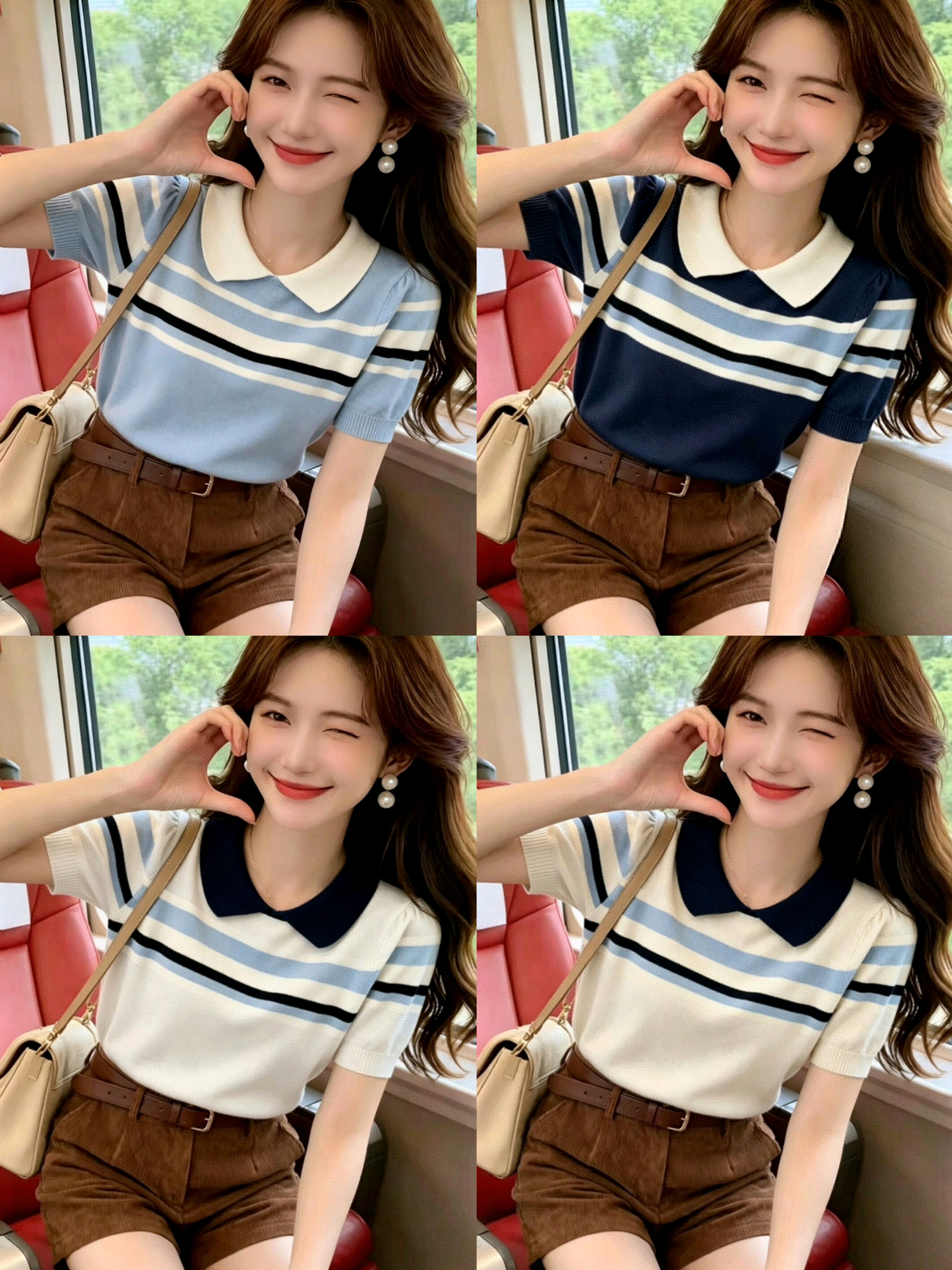 보존 섹션 추천 배색 스트라이프 폴로 칼라 반팔 니트 스웨터 여성 여름 새로운 품격 한 부서 다용도 맨위
