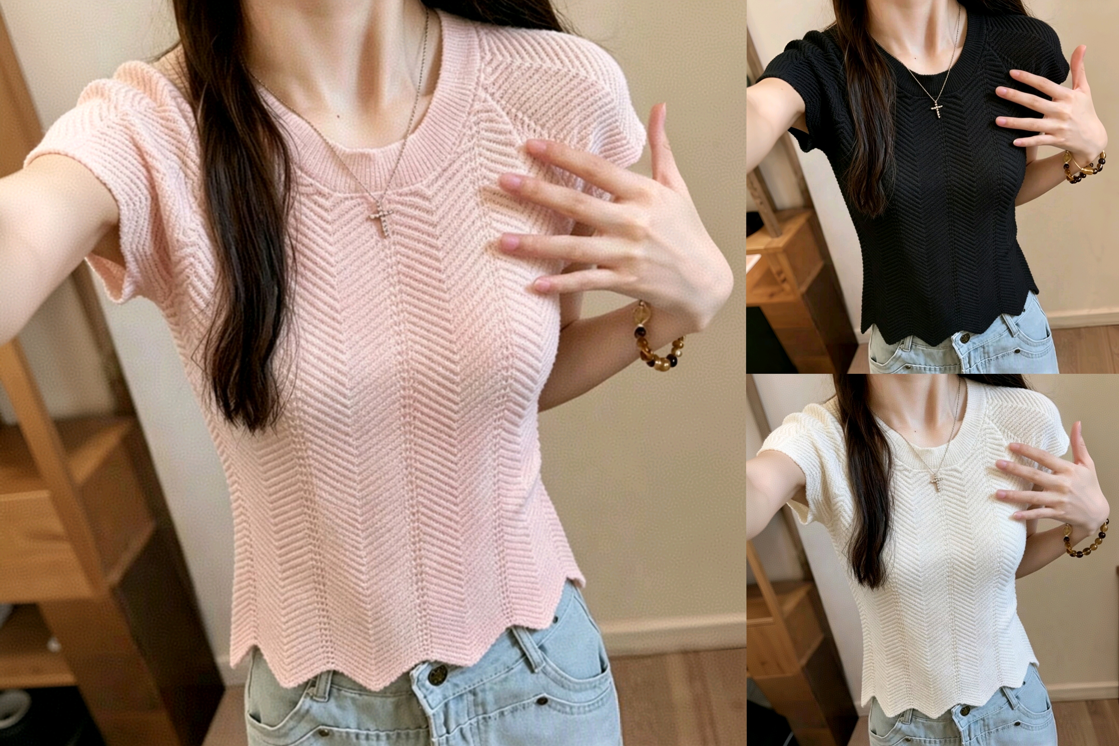 한 부서 chic 화이트 질감 홀로우 아웃 라운드 넥 반팔 니트 스웨터 여성 여름 착용 가져 가라. 고유 한 아름다운 쇼트 스타일 맨위