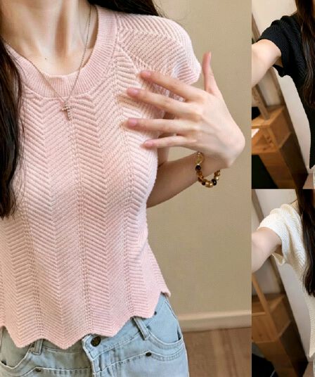 한 부서 chic 화이트 질감 홀로우 아웃 라운드 넥 반팔 니트 스웨터 여성 여름 착용 가져 가라. 고유 한 아름다운 쇼트 스타일 맨위