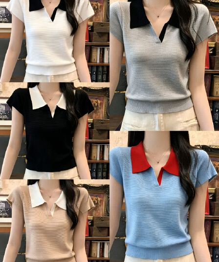품격 출퇴근 배색 POLO 칼라 얼음 실크 니트 스웨터 여름 새로운 미니멀리즘 바람 몸매 가꾸기 얇고 가벼운 반팔 맨위 여성