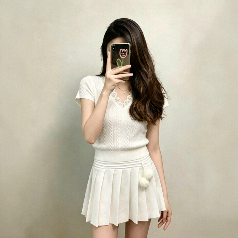 한 부서 소녀 센스 착용 가져 가라. 세트 여성 봄 여름 새로운 핫걸 V넥 니트 반팔 맨위 반신 스커트 투피스 세트