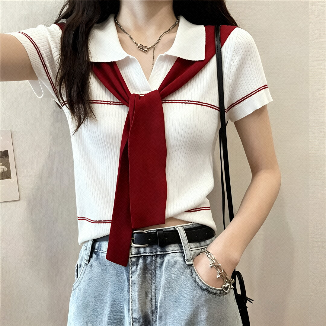 학원 스타일 배색 숄 POLO 칼라 황색 반팔 티셔츠 여성 여름 한 부서 배색 몸매 가꾸기 연령 감소 니트 맨위