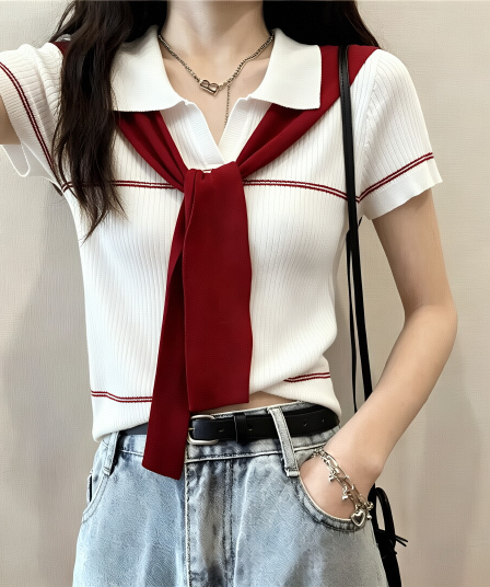 학원 스타일 배색 숄 POLO 칼라 황색 반팔 티셔츠 여성 여름 한 부서 배색 몸매 가꾸기 연령 감소 니트 맨위