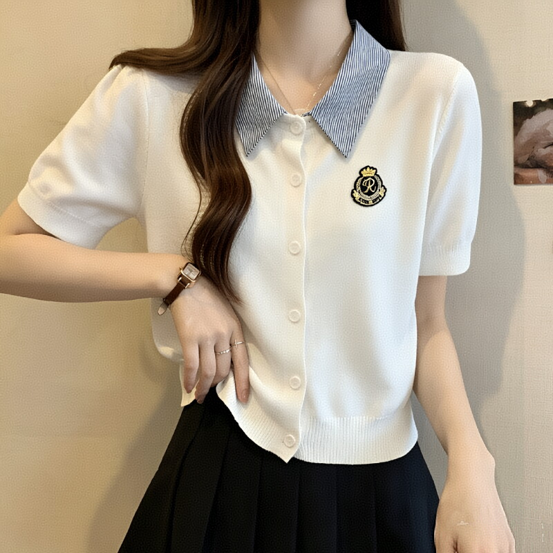 한 부서 새로운 패션 높은 품질 얼음 실크 폴로 칼라 체크무늬 패치워크 페이크 레이어드 디자인 센스 polo 짧은 소매