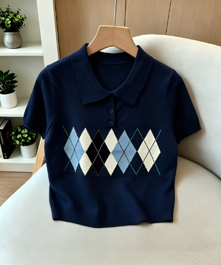배색 링 체크무늬 POLO 칼라 니트 반팔 여성 고급 센스 티셔츠 루즈핏 슬림해 보이는 품격 맨위 쇼트 스타일 여름