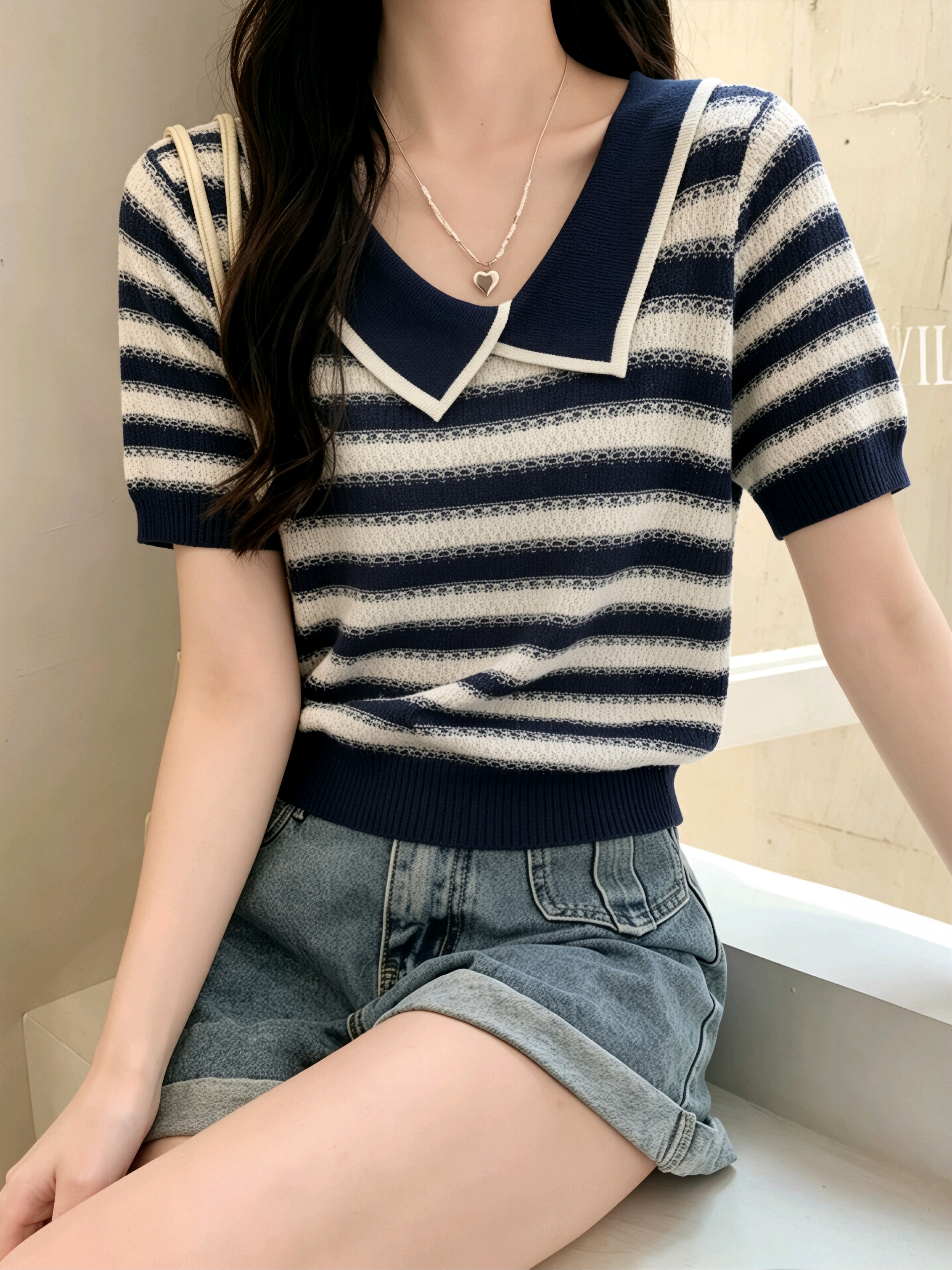 십자가 칼라 스트라이프 홀로우 아웃 얼음 실크 니트 스웨터 여성 여름 드레스 반팔 티셔츠 얇은 스타일 슬림해 보이는 캐주얼 맨위 POLO 칼라