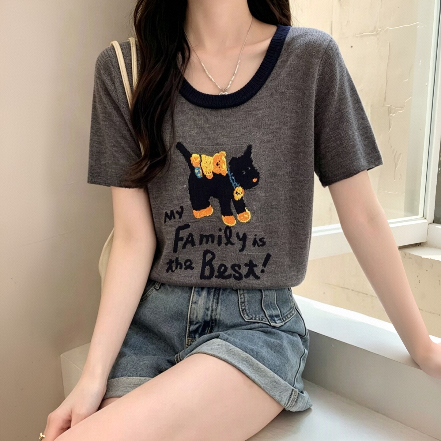 대나무 마디 마 만화 자카드 2026 새로운 외국 가스 레트로 강아지 자카드 반팔 티셔츠 루즈핏 맨위 여성