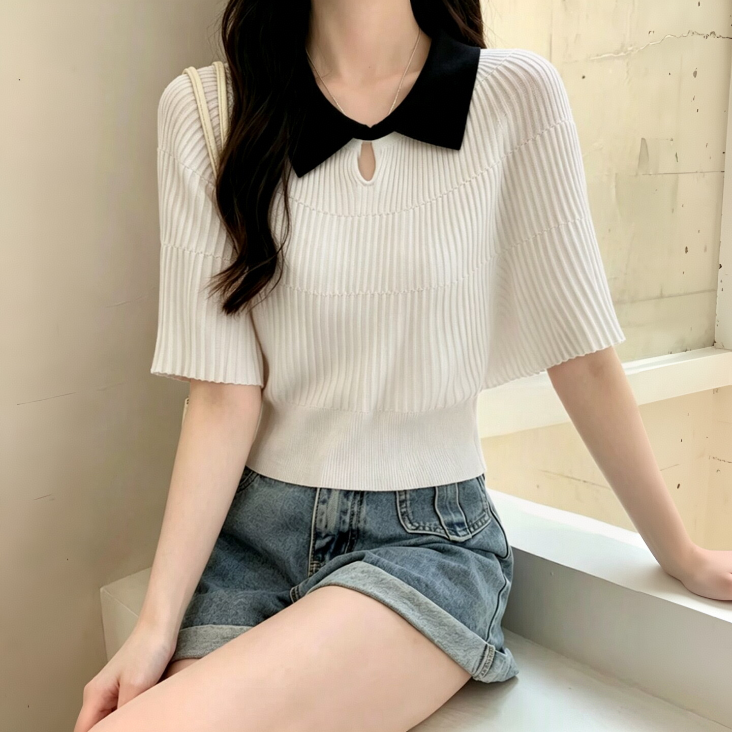 프랑스식 디자인 센스 폴로 칼라 긍정적 인 어깨 니트 박쥐 셔츠 작은 키 여름 고유 한 몸매 가꾸기 슬림해 보이는 반팔 티셔츠 여성