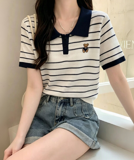 한국 스타일 미니멀리즘 캐주얼 스트라이프 홀로우 아웃 POLO 칼라 반팔 여성 배색 작은 곰 자수 연령 감소 다용도 출퇴근 맨위