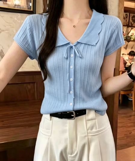달콤함 연령 감소 레이스업 폴로 칼라 반팔 니트 스웨터 여성 여름 몸매 가꾸기 슬림해 보이는 기본 셔츠 도파민 맨위