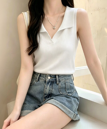미니멀리즘 POLO 칼라 민소매 얼음 실크 티셔츠 여성 여름 새로운 작은 키 몸매 가꾸기 슬림해 보이는 쇼트 스타일 외출용 조끼