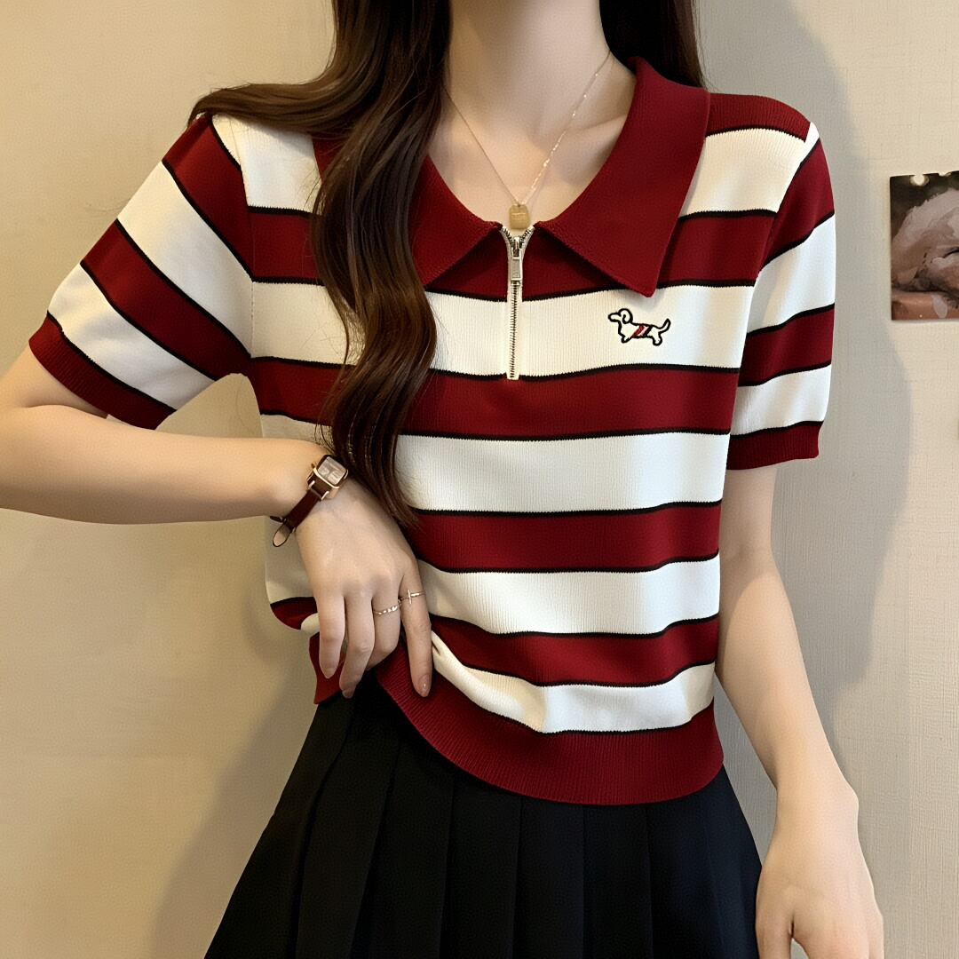 POLO 칼라 자수 짧은 강아지 소매 티셔츠 여성 니트 스웨터 여름 얇은 스타일 2026 년 새로운 스트라이프 루즈핏 슬림해 보이는