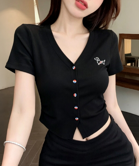 미니멀리즘 바람 V넥 불규칙 꼬집기 허리 자수 강아지 맨위 여성 2026 여름 한국 스타일 연령 감소 다용도 반팔 티셔츠
