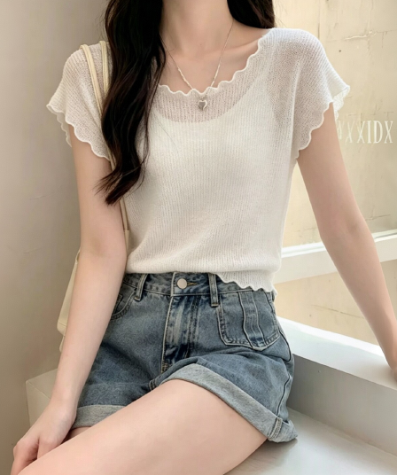 한 부서 프릴 라운드 넥 질감 센스 반팔 티셔츠 여성 여름 얇은 스타일 통기성 루즈핏 외국 가스 캐주얼 여성 셔츠