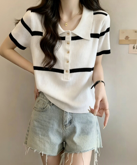 프랑스식 미니멀리즘 배색 POLO 칼라 스트라이프 니트 스웨터 여성 2026 여름 캐주얼 품격 반팔 티셔츠 맨위